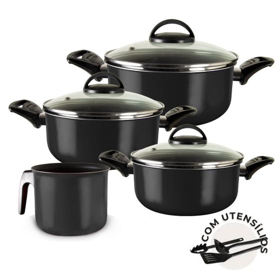 Jogo de Caçarolas Antiaderente 03 Peças Preto com Leiteira + Utensílios Menor preço em Jogo de Caçarolas Antiaderente 03 Peças Preto com Leiteira + Utensílios
