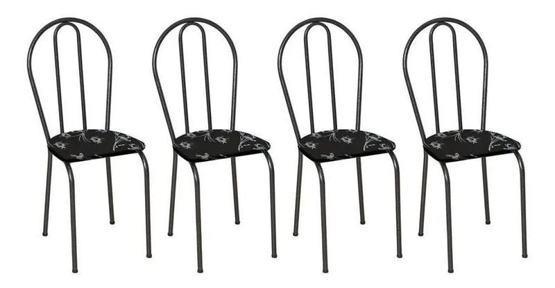 Imagem de Jogo de Cadeiras 004 - Kit 4 Cadeiras de Aço - Assento Preto Florido - OG Móveis