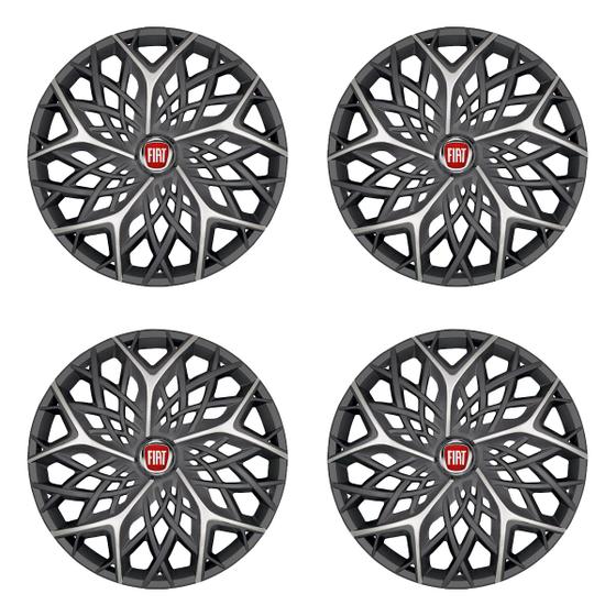 Imagem de Jogo de calota esportiva aro 13 moove graphite silver + emblema resinado fiat vermelho
