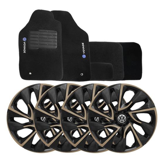 Imagem de Jogo de calotas esportivas ds4 15 gold + tapete bordado vw voyage g5 g6