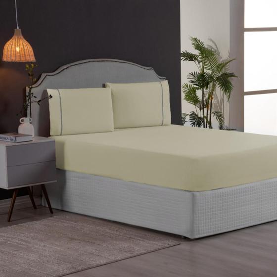 Imagem de Jogo de Cama Casal 3 Peças Percal 200 Fios com Ponto Palito Lençol com Elástico e Fronhas