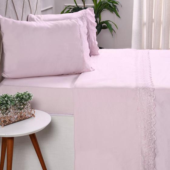 Imagem de Jogo de Cama Casal 4 Peças Toque Suave com Bordado Inglês ROSE QUARTZ - Bene Casa