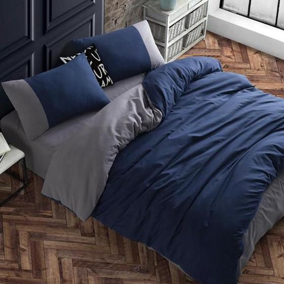 Jogo de cama casal queen marinho com cinza 7 pç com edredom é boa?