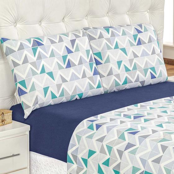 Jogo de Cama Casal Queen Quality Estampado Malha 100% Algodão 4 Peças - Azul Geométrico Menor preço em Jogo de Cama Casal Queen Quality Estampado Malha 100% Algodão 4 Peças - Azul Geométrico
