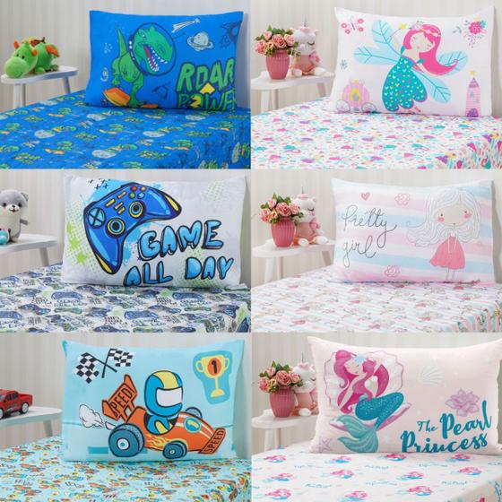 Imagem de Jogo de cama infantil 2 peças lençol com elástico e fronha estampas kids menino menina