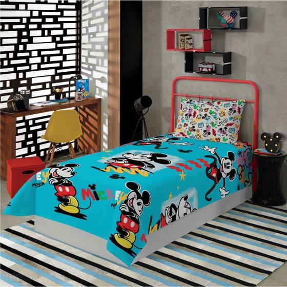 Imagem de Jogo de Cama Infantil Mickey Microfibra Solteiro Estampado 1,40 m x 2,20 m Com 3 Peças