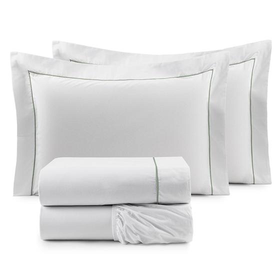 Imagem de Jogo de Cama King Basic em Algodão 250 Fios 04 Pcs - Branco / Verde