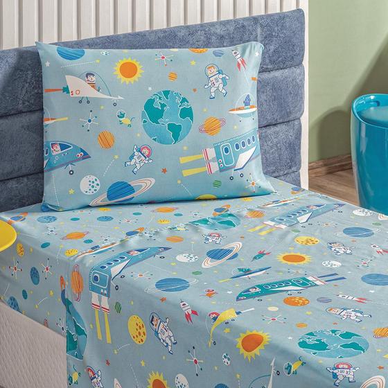 Imagem de Jogo de Cama Lençol Carrosel Solteiro 03 Peças Infantil Estampado Divertido - Astronauta Azul