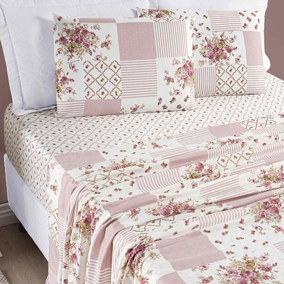 Imagem de Jogo de Cama Lençol Casal King 04 Peças Microfibra Estampada Ayla - Rosa Floral Matura