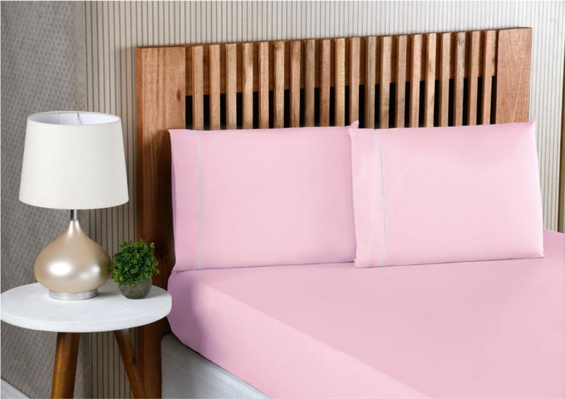 Imagem de Jogo de cama lençol casal padrão 3 peças algodão percal 180 fios acabamento ponto palito - rosa