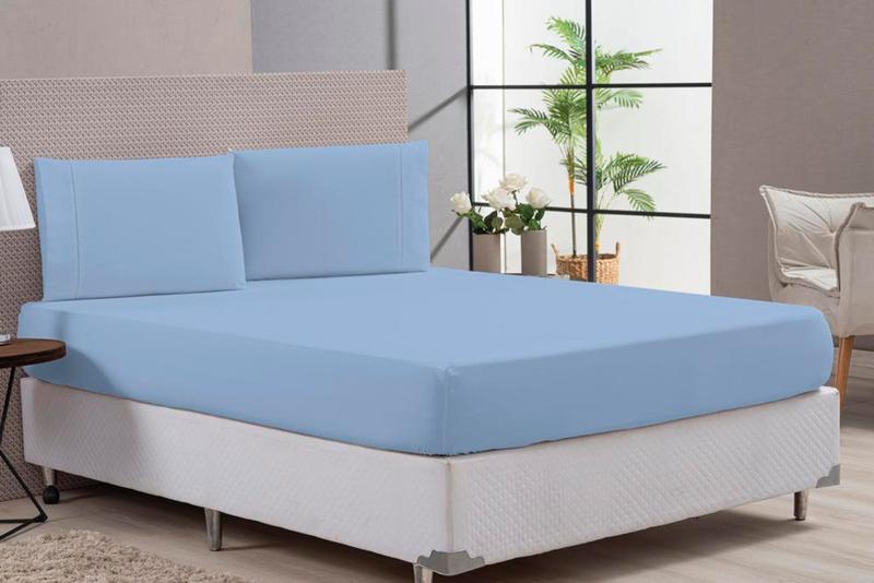 Imagem de Jogo de Cama Lençol Casal Padrão Com Travesseiros Ortobom Azul Algodão 5 Peças
