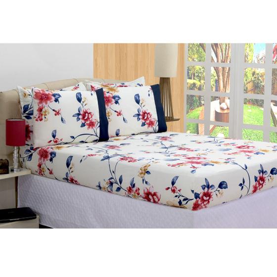 Imagem de Jogo De Cama Lençol Micropercal Com Elástico Floral Azul Casal 3 Peças