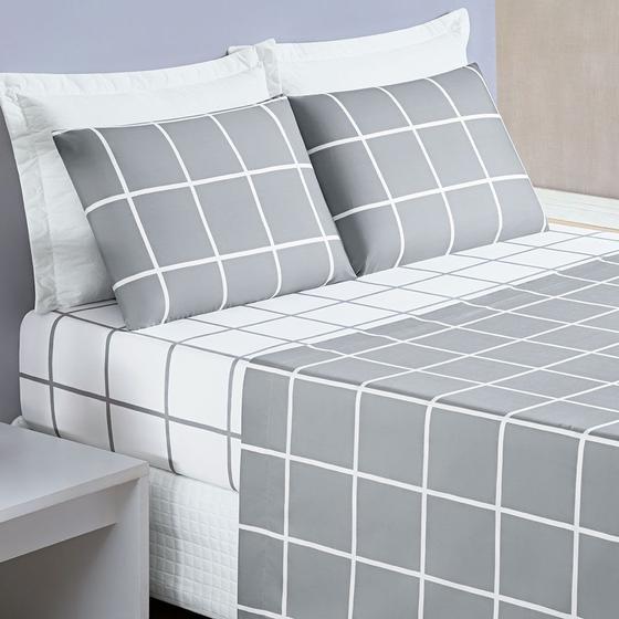 Imagem de Jogo de Cama Lençol Minimalista Quadriculado Casal Padrão 04 Peças Tecido MicroPercal 200 Fios Premium