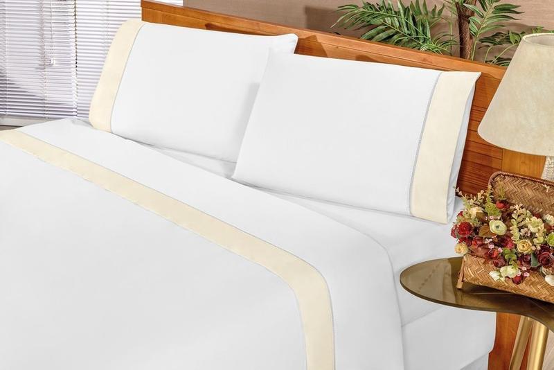 Imagem de Jogo De Cama Lençol Queen Elegance Exclusivo180 Fios 80% Algodão 04 Peças - Branco E Palha 