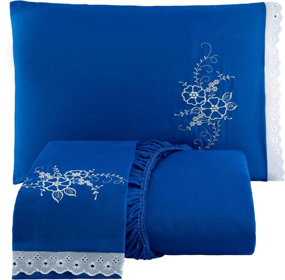 Imagem de Jogo de Cama Lençol Queen Size Bordado com elástico 3 Peças