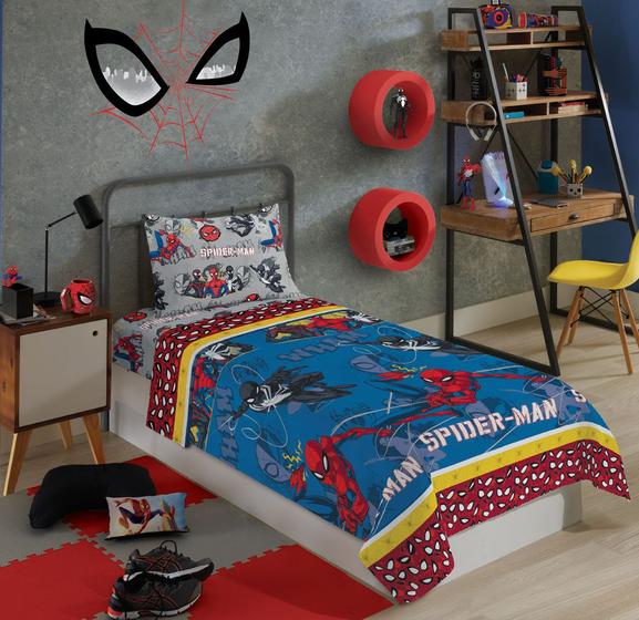 Imagem de Jogo de Cama Lençol Solteiro Spider Man Homem Aranha 3 peças Com Elástico Lepper