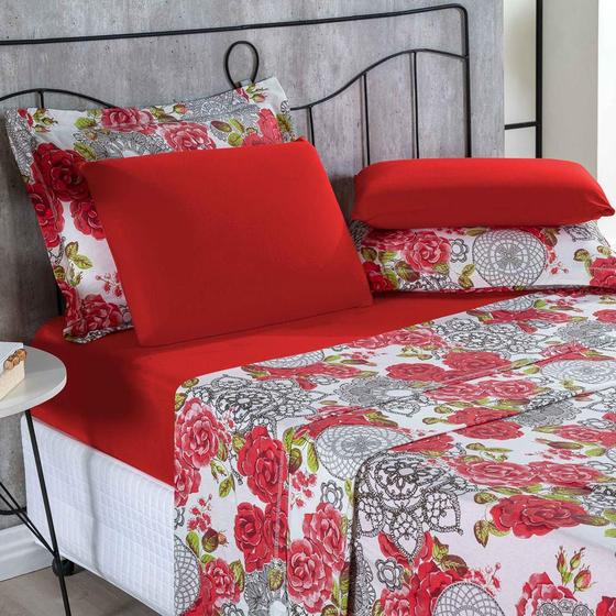 Imagem de Jogo De Cama Malha Lençol 100% Algodão Primavera 3 Peças Solteiro - Floral Vermelho