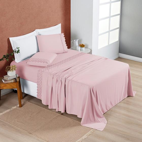 Imagem de Jogo de Cama Nobless Queen  04 Peças Micropercal 200 fios com detalhe em bordado inglês