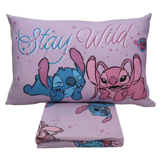 Imagem de Jogo de Cama Portallar Solteiro Malha Mista Joy Disney Stitch e Angel Love 02 Peças Rosa