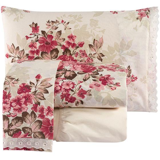 Imagem de Jogo de Cama Queen Fascínio 100% Algodão 04 Peças - Floral Vermelho/Palha