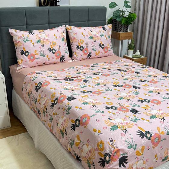 Imagem de Jogo de Cama Queen Premium 100% algodão 4 peças Floral Rosa