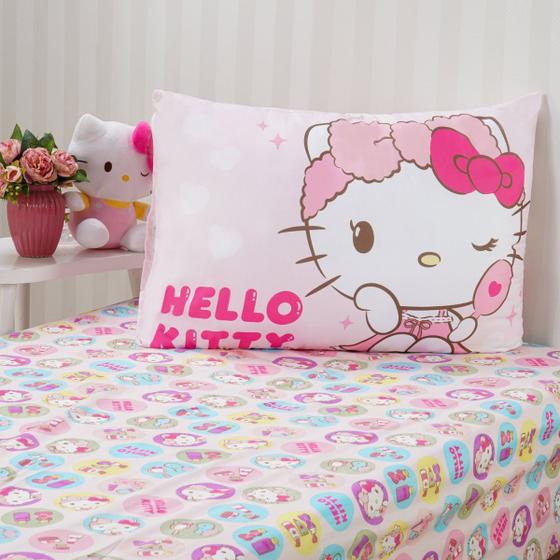 Imagem de Jogo de cama solteiro infantil lençol com elástico 2 peças hello kitty rosa