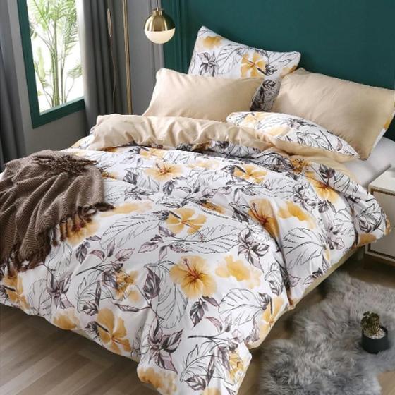 Imagem de Jogo De Cama Solteiro King Floral Amarelo Com Bege 6 Peças