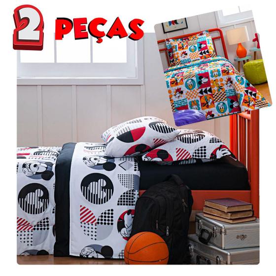 Imagem de Jogo de Cama Solteiro Mickey Edredom + Porta Travesseiro KIT Disney Infantil Criança Menino Menina Fronha 100% Poliéster Personagens