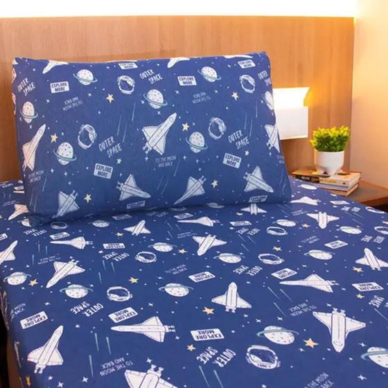 Imagem de Jogo de Cama Solteiro Portallar Malha Misto Estampado Astroboy Big 2 Pçs com Elástico Azul