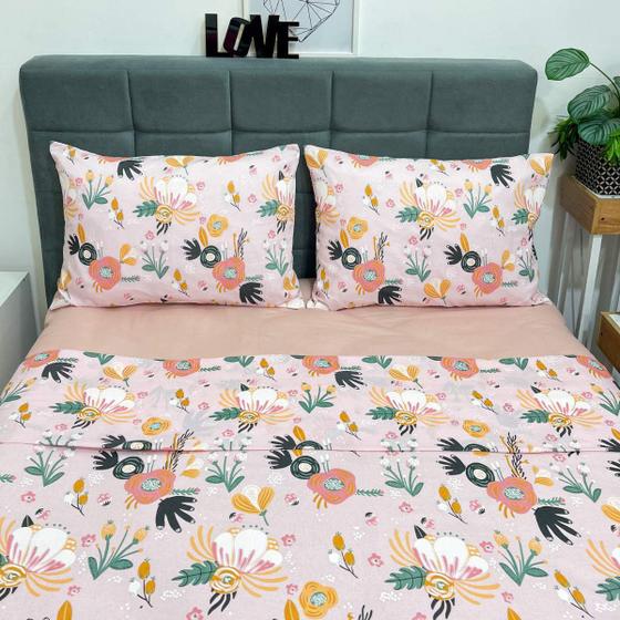 Imagem de Jogo de Cama Solteiro Premium 100% algodão 4 peças Floral Rosa