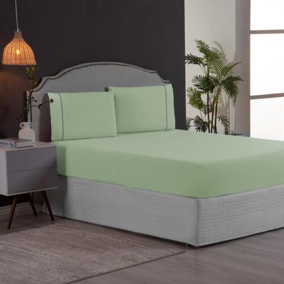 Imagem de Jogo de Cama Super King 3 Peças Percal 200 Fios com Ponto Palito Lençol com Elástico e Fronhas