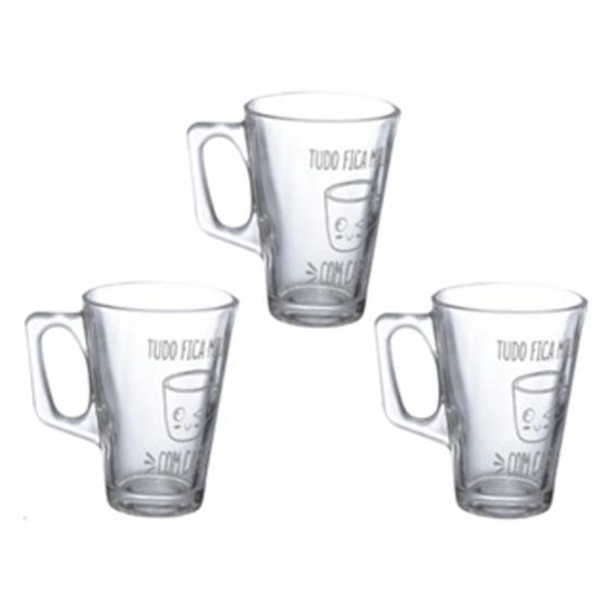 Imagem de Jogo de caneca de vidro com 3 peças para café com frase "Tudo fica melhor com café"- 230ml