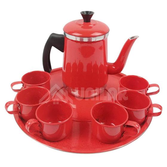 Imagem de Jogo de chá café 8 peças em alumínio - Bule xicaras bandeja retrô Vermelho pintinha