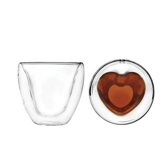 Imagem de Jogo de Copos de Vidro de coração de Café Transparente Sem Alça - 80ml 2 Peças Lyor Heart