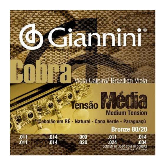 Imagem de Jogo de cordas para viola Caipira Giannini Bronze  80/20 em RÉ