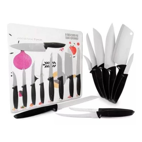 Imagem de Jogo De Facas 9 Peças Faqueiro Plenus Aço Inox Chef Cabo Cortar Carne Premium Santoku Conjunto Kit Sobremesa