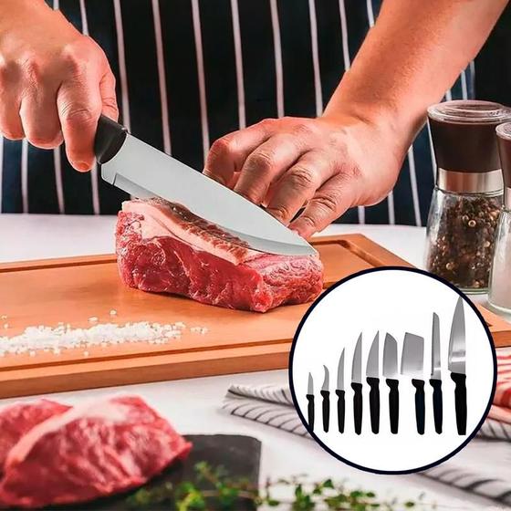 Imagem de Jogo De Facas 9 Peças Faqueiro Plenus Cozinha Churrasco Cabo Cortar Carne Premium Santoku Masterchef Utensílios