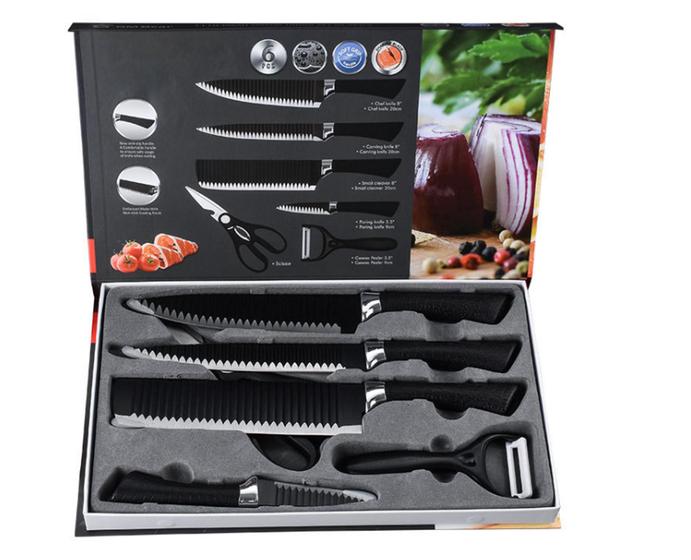 Jogo de Facas Com 6 Peças Tesoura Cozinha Aço Inox Antiaderente Menor preço em Jogo de Facas Com 6 Peças Tesoura Cozinha Aço Inox Antiaderente