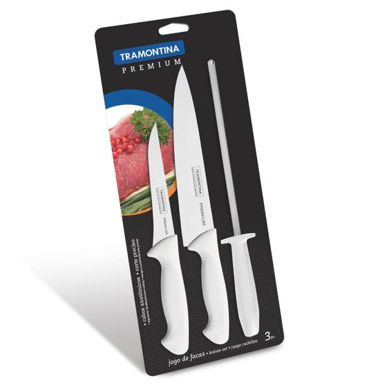 Jogo de Facas com Chaira Premium em Aço Inox 3 Peças Tramontina Menor preço em Jogo de Facas com Chaira Premium em Aço Inox 3 Peças Tramontina
