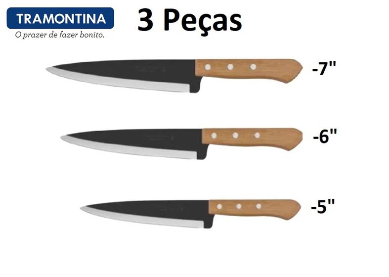 Imagem de Jogo de Facas Cozinha Aço Carbono 3 Unidades Peixeira Cabo de Madeira Tramontina