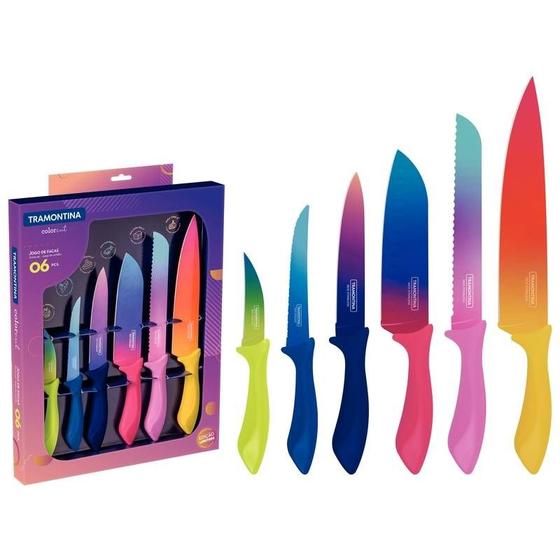 Imagem de Jogo de facas tramontina colorcut com lâminas em aço inox e cabos de polipropileno pintado 06 peças