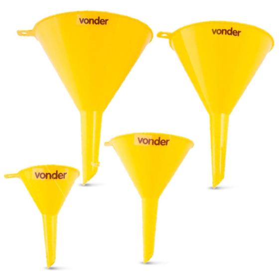 Imagem de Jogo de Funil Plástico para Combustível Água Óleo Gasolina Álcool Diesel com 4 Peças Amarelo Vonder