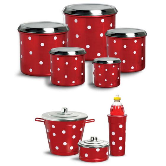 Jogo De Lata para Mantimentos e Kit Pia com Lixeira e Porta Detergente em Alumínio Colorido Polido Com POA (8 Peças) - JHS Pote organizador Bancada Imagem de Jogo De Lata para Mantimentos e Kit Pia com Lixeira e Porta Detergente em Alumínio Colorido Polido Com POA (8 Peças)