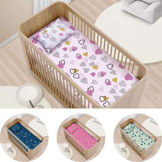 Imagem de Jogo de Lençol Berço Americano em Malha com Elástico Antialérgico Menina ou Menino - 70% Algodão e 30% Poliéster - 70 cm x 1,30 cm x 12 cm