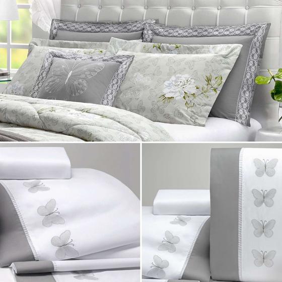 Imagem de Jogo de lençol bordado cama casal queen super moderno e elegante papillons com 04 peças