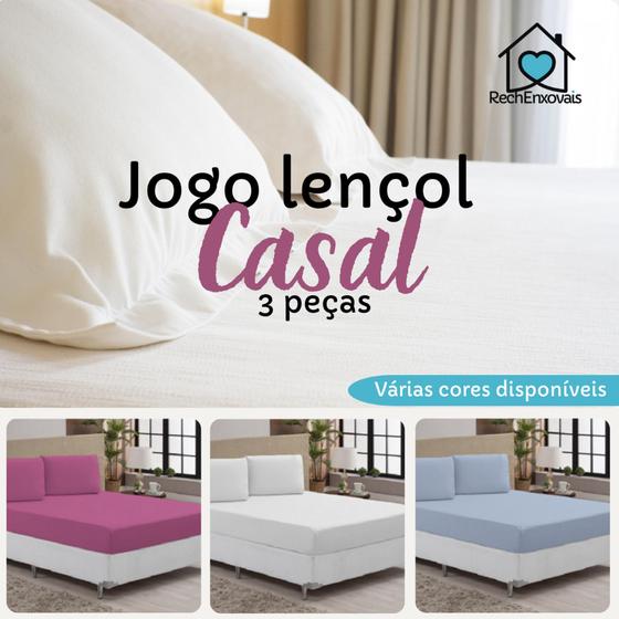 Imagem de Jogo de Lençol Cama Casal Padrão Box 3 Peças Liso com Elástico em toda volta - 1,88m x 1,38m x 20cm