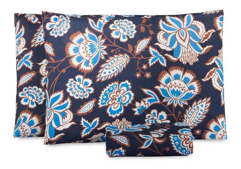 Imagem de Jogo De Lençol Cama Queen 3 Peças 150 Fios Boho Floral Azul