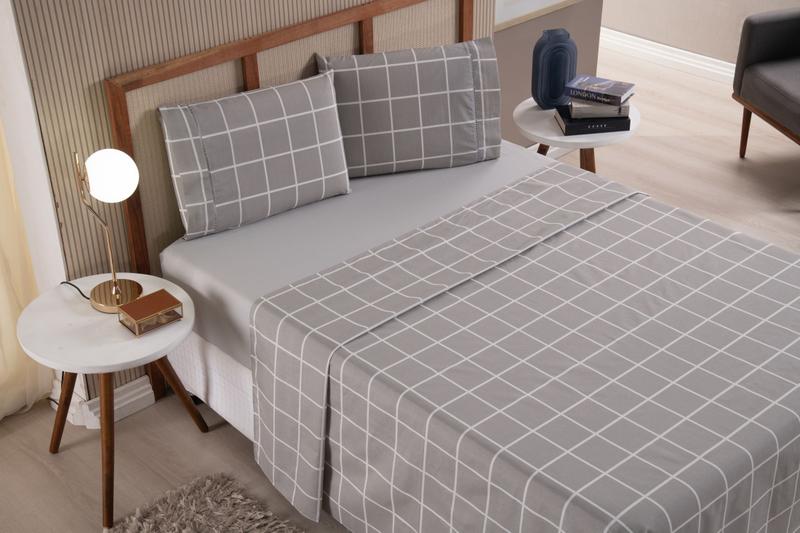 Imagem de Jogo de Lençol Casal Padrão 4 Peças Grid Cáqui Roupa de Cama Percal 100% Algodão