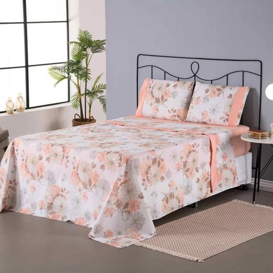 Imagem de Jogo de Lençol Completo Encantare Roupa de Cama Casal Padrão Percal 180 Fios Estampado Ponto Palito Algodão 4 Peças