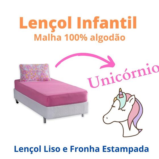 Imagem de Jogo De Lençol Infantil 2 Peças Unicornio Rosa Em Malha 100% Algodão